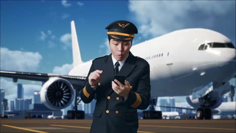 piloto emocionado usando su teléfono inteligente en el aeropuerto