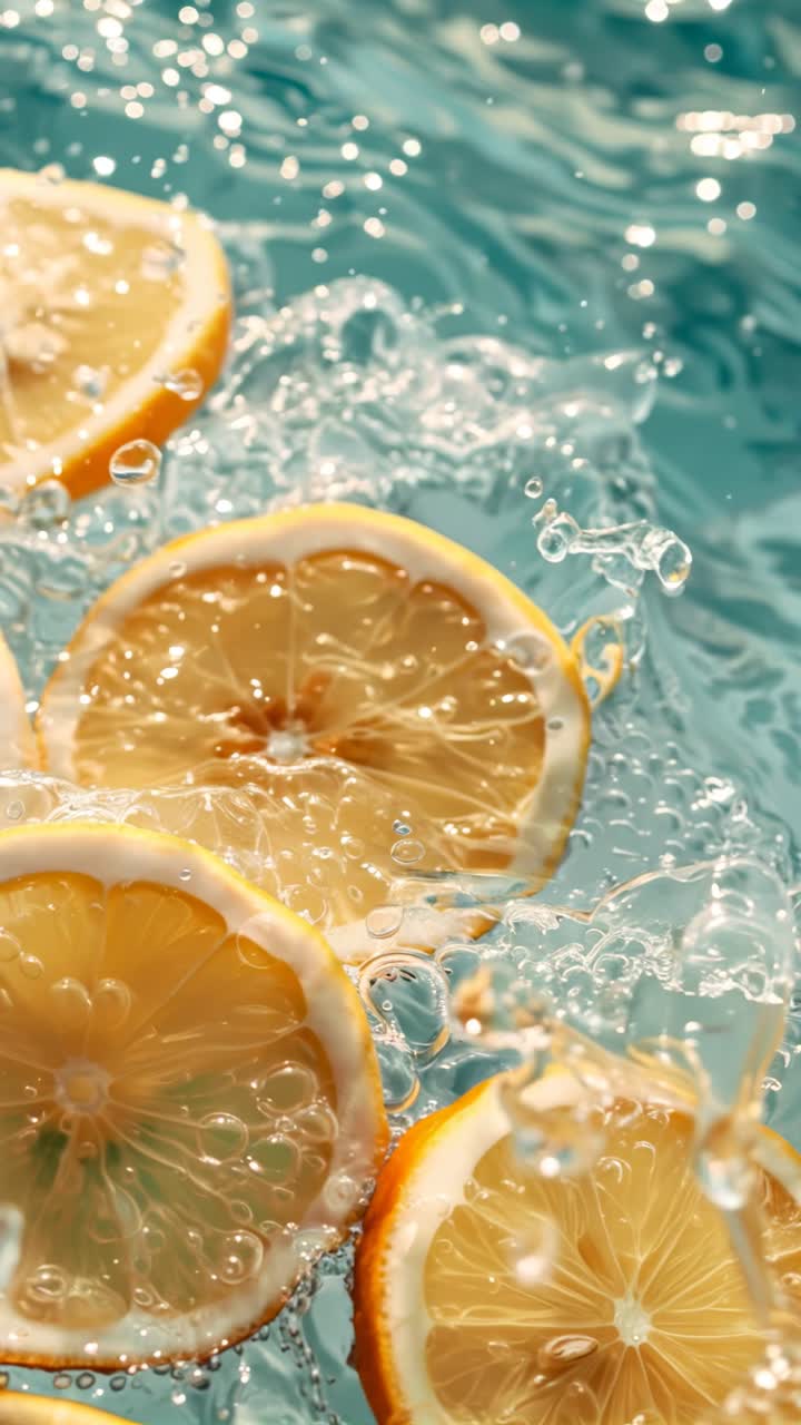 Close-up, high-angle video of lemon slices splashing into clear water, capturing vibrant colors