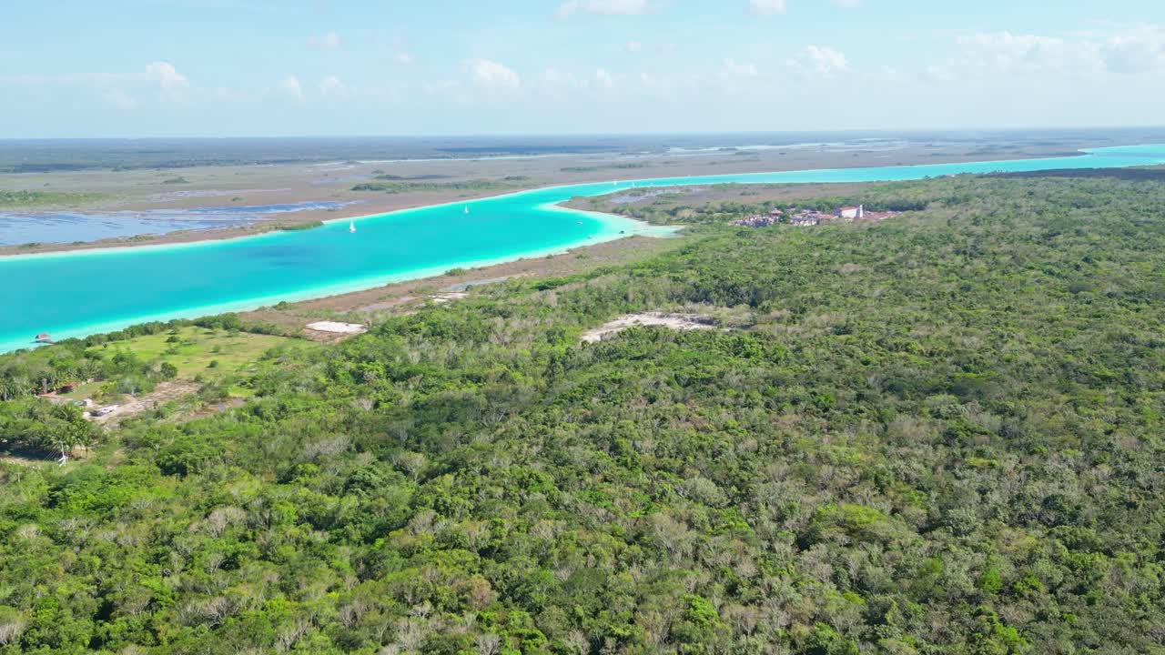 Breathtaking aerial shot of Bacalar’s lagoon, crystal clear waters blending with green surroundings