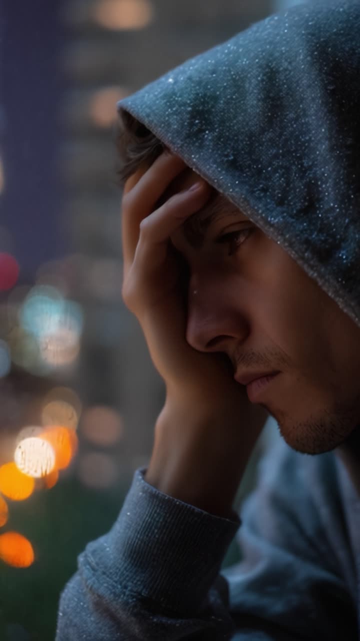 Um momento contemplativo capturado através de uma janela, mostrando um jovem de moletom com capuz, perdido em pensamentos em meio a um horizonte urbano borrado à noite