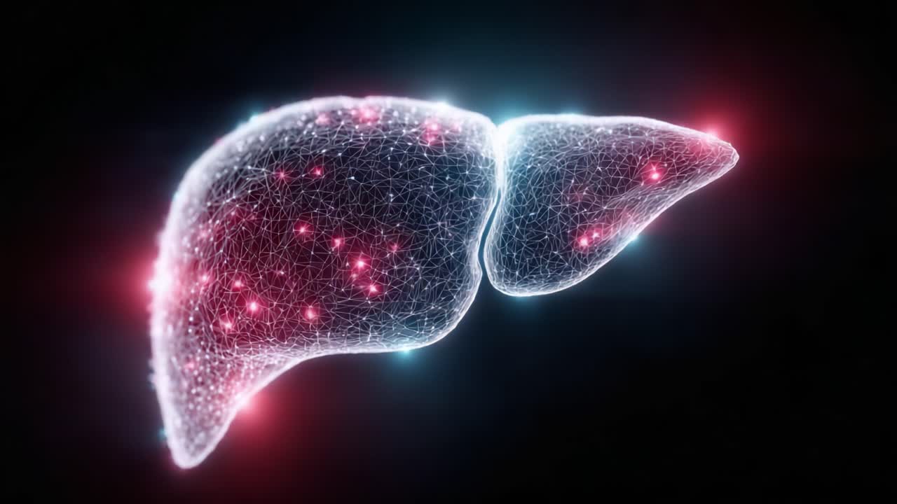 A Stunning Digital Visualization of the Human Liver in a Futuristic Design, Showcasing Intricate Networks of Light and Connectivity Representing Biological Structures