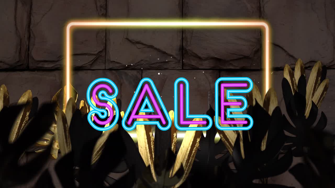 벽돌 바탕에 잎 위에 판매 텍스트와 네온 프레임의 애니메이션