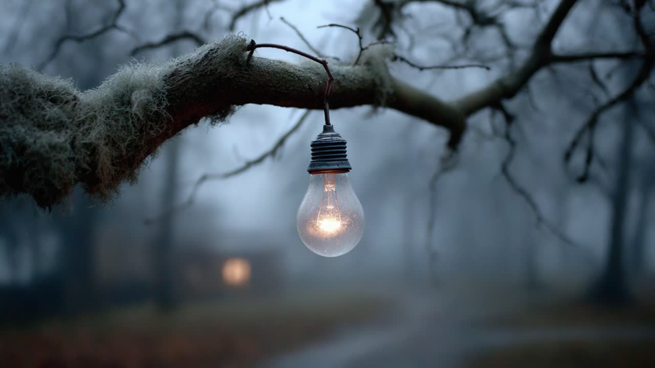 A Glowing Light Bulb Hangs from a Gnarled Tree Branch, Illuminating the Misty Forest Pathway with a Warm, Inviting Glow in the Early Evening