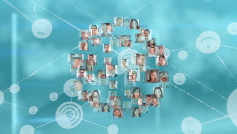 animation of globe with network of connections and business people photos