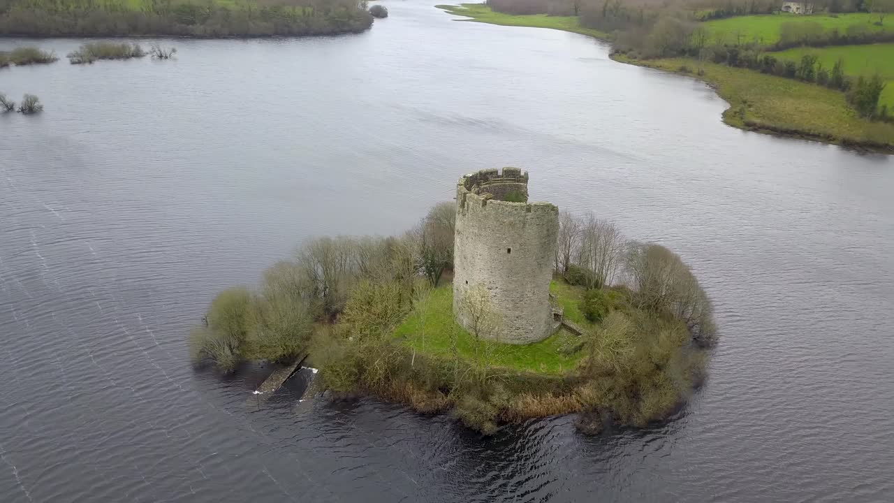 Cloughoughter castle drone aerial shot. Ireland. February 2022