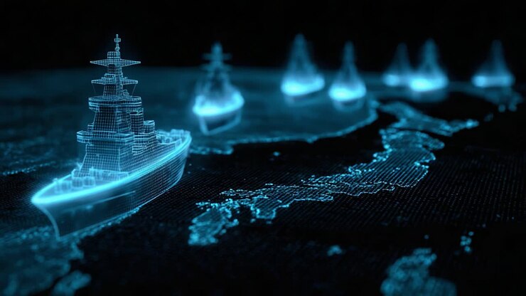 Flotta cibernetica futuristica: una rappresentazione digitale di navi da guerra che navigano attraverso un paesaggio marittimo luminoso con visualizzazione avanzata ed elementi animati