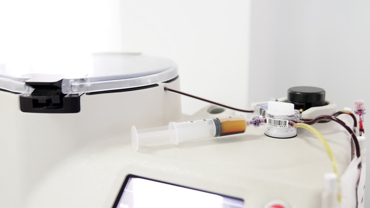 PRP therapy concentrate preparation. Centrifuge machine producing plasma from blood. Close up.