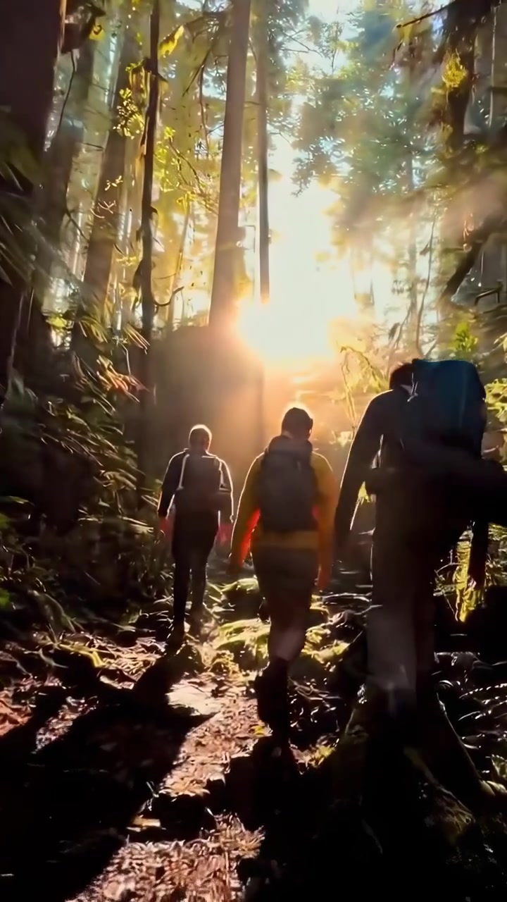 Wandergruppe geht durch einen sonnenbeschienenen Wald