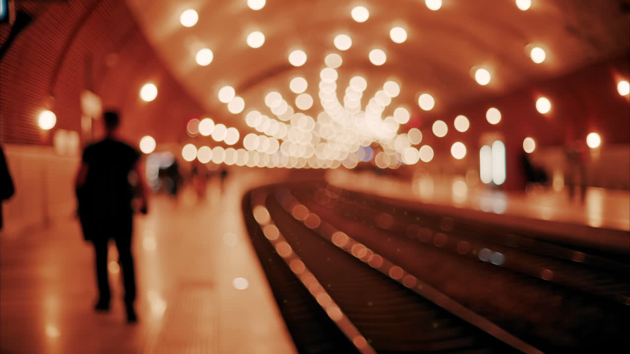 Blurry view of people and trains moving through the Monaco train station with bright lights in Monte Carlo, Monaco