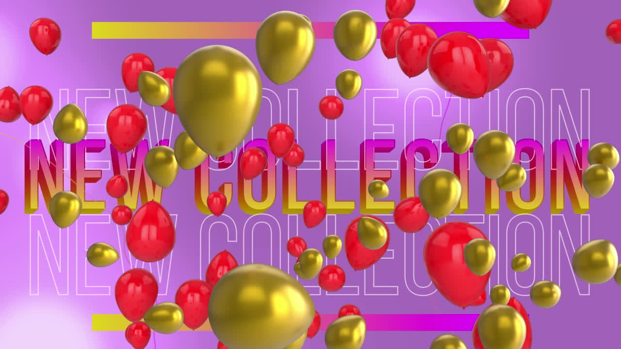animación de globos rojos y dorados sobre nuevos textos de la colección contra un fondo púrpura