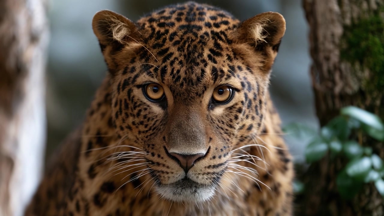Görkemli bir leoparın çarpıcı özelliklerini ve delici bakışlarını sergileyen yakın çekim görüntüsü, doğal yaşam alanındaki eşsiz desenini ve zarafetini vurguluyor.