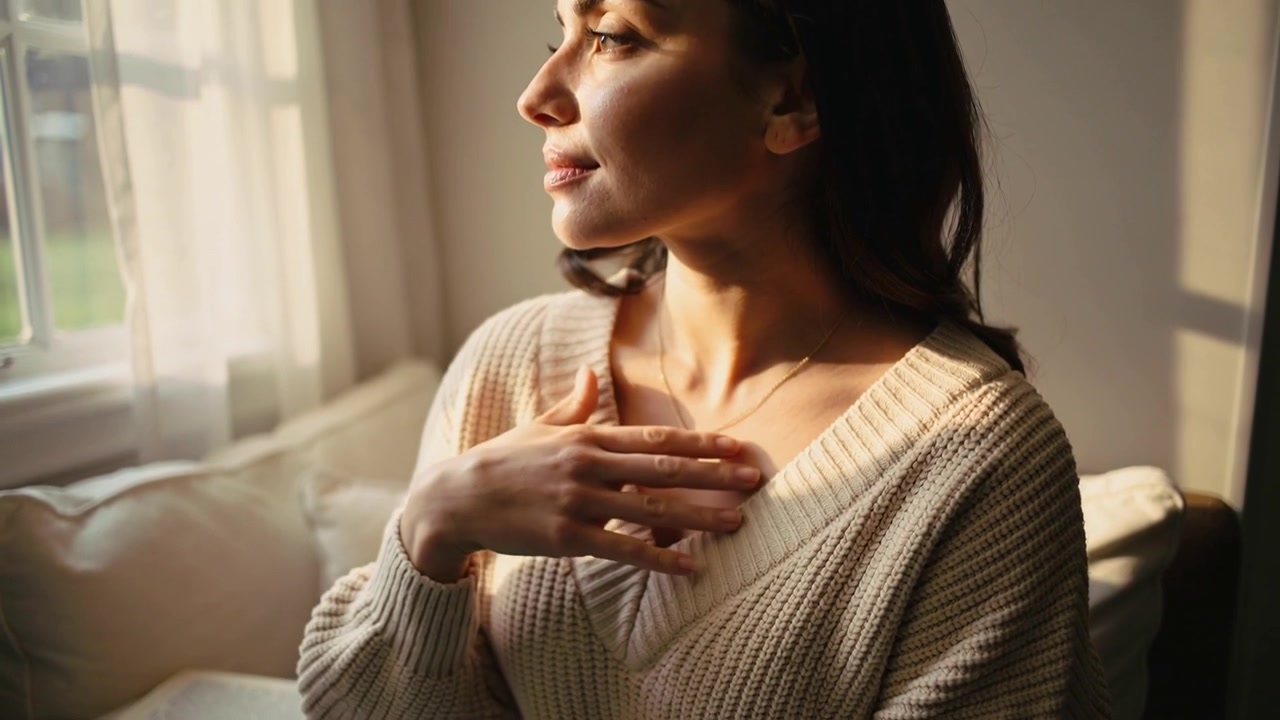 Mettendo la mano a toccare un ciondolo, una donna si gira verso la finestra sul divano, indossando un maglione color crema, mentre il sole si sposta.