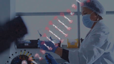 animación de una cadena de adn sobre una científica caucásica en el laboratorio
