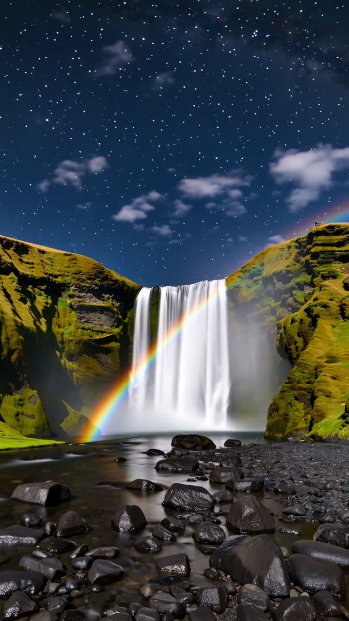 Skógafoss Waterfall at Night with Rainbow and Stars