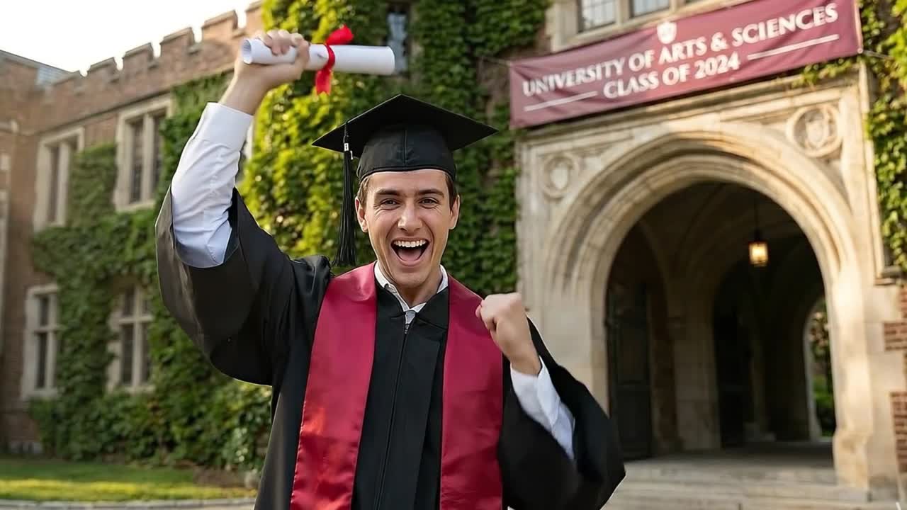 Neolaureato che festeggia il giorno della laurea, con in mano il diploma, davanti all'ingresso storico del campus e a uno striscione.