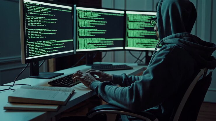 Programmer Working Late at Night on Multiple Monitors