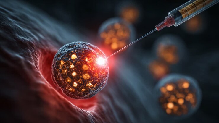 Visualizzazione complessa dell'interazione cellulare: primo piano sull'iniezione di nanoparticelle nelle cellule biologiche, che illustra tecniche mediche avanzate e ingegneria cellulare