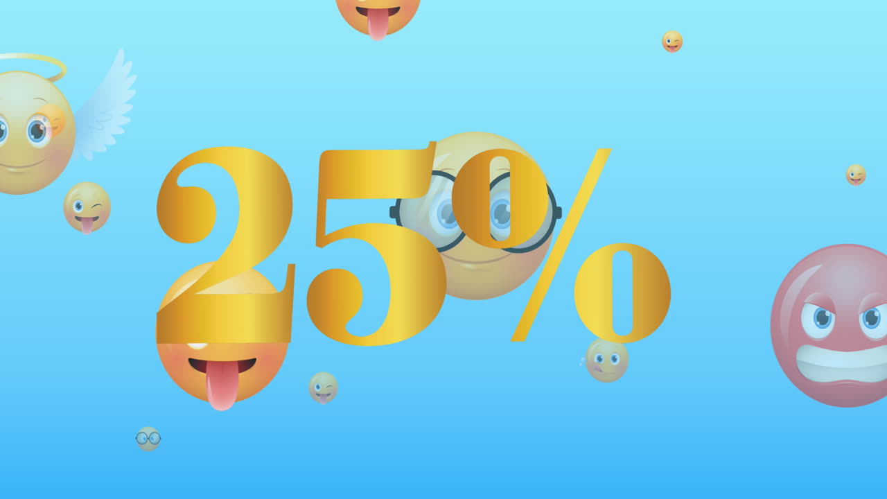 animación de 25 por ciento de texto dorado sobre emojis en fondo azul