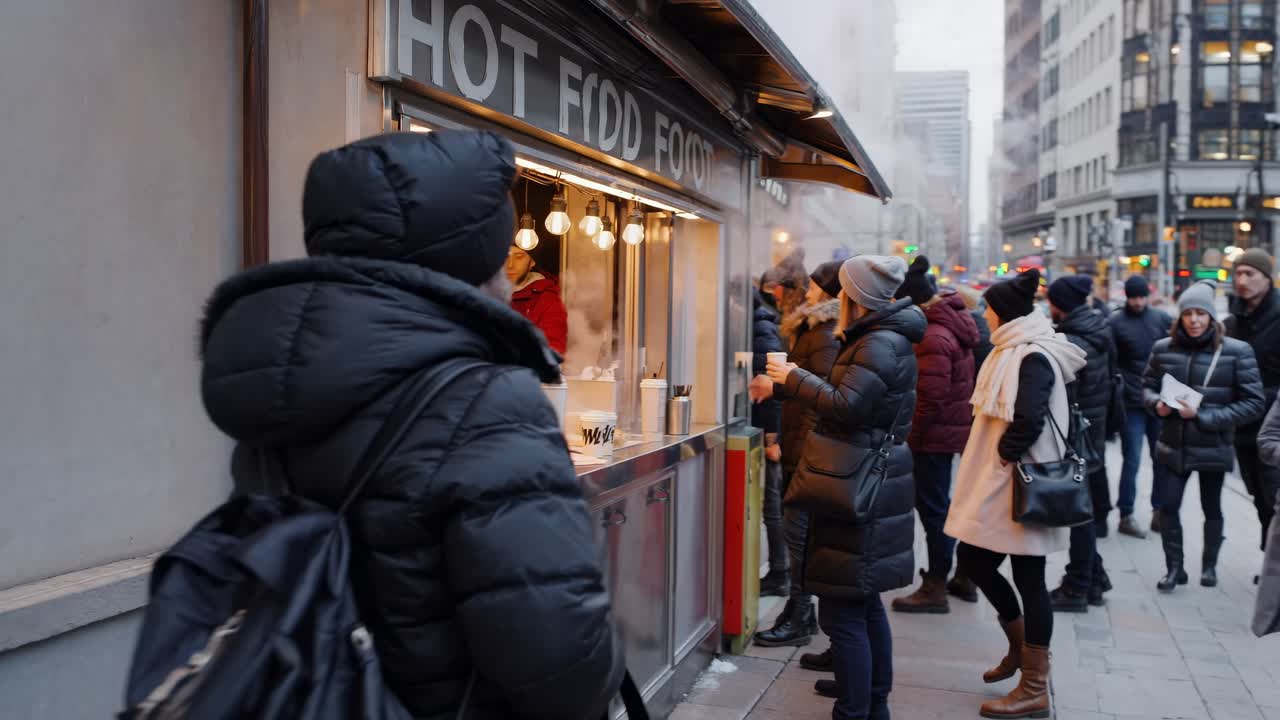 Street-level video shot of people in winter coats queuing at a food stand
