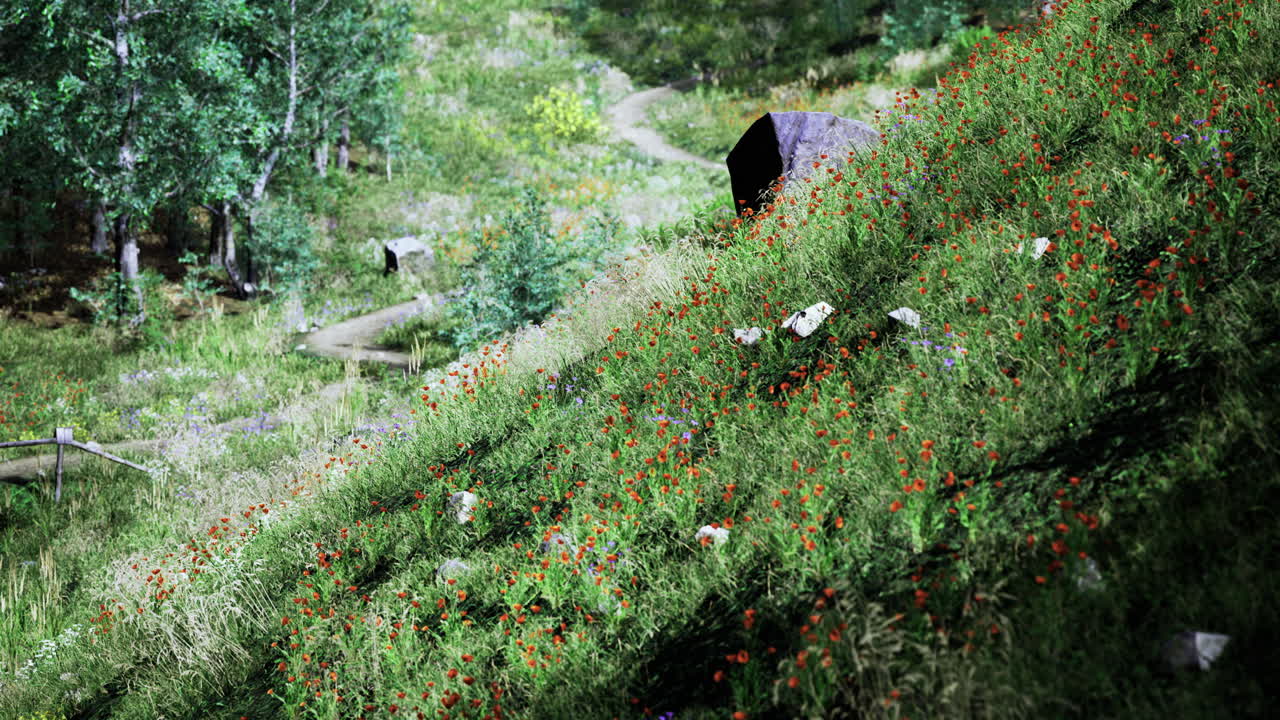 Picturesque Hillside with Wildflowers and Greenery