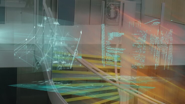 Animation of financial data processing over african american businessman in office