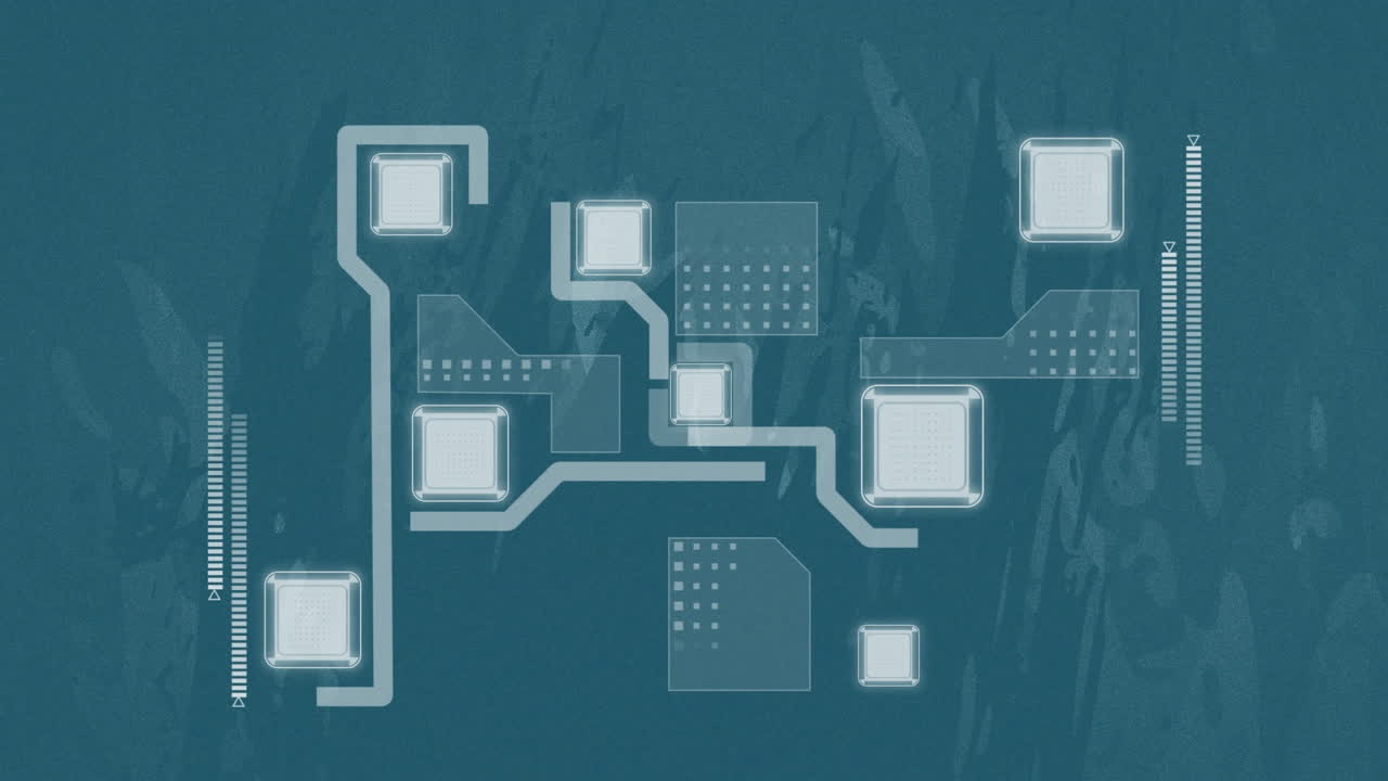Animation of motherboard network processing data on blue background