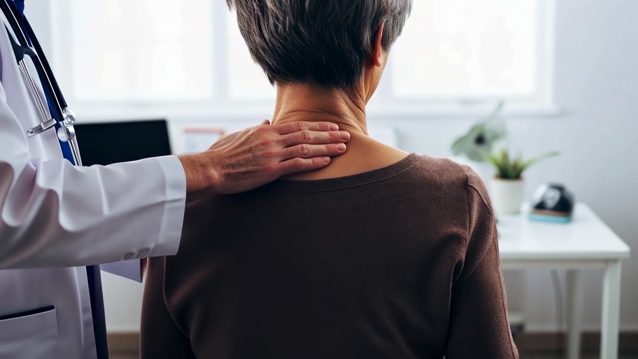 Medico che esamina la schiena e il collo di una donna anziana