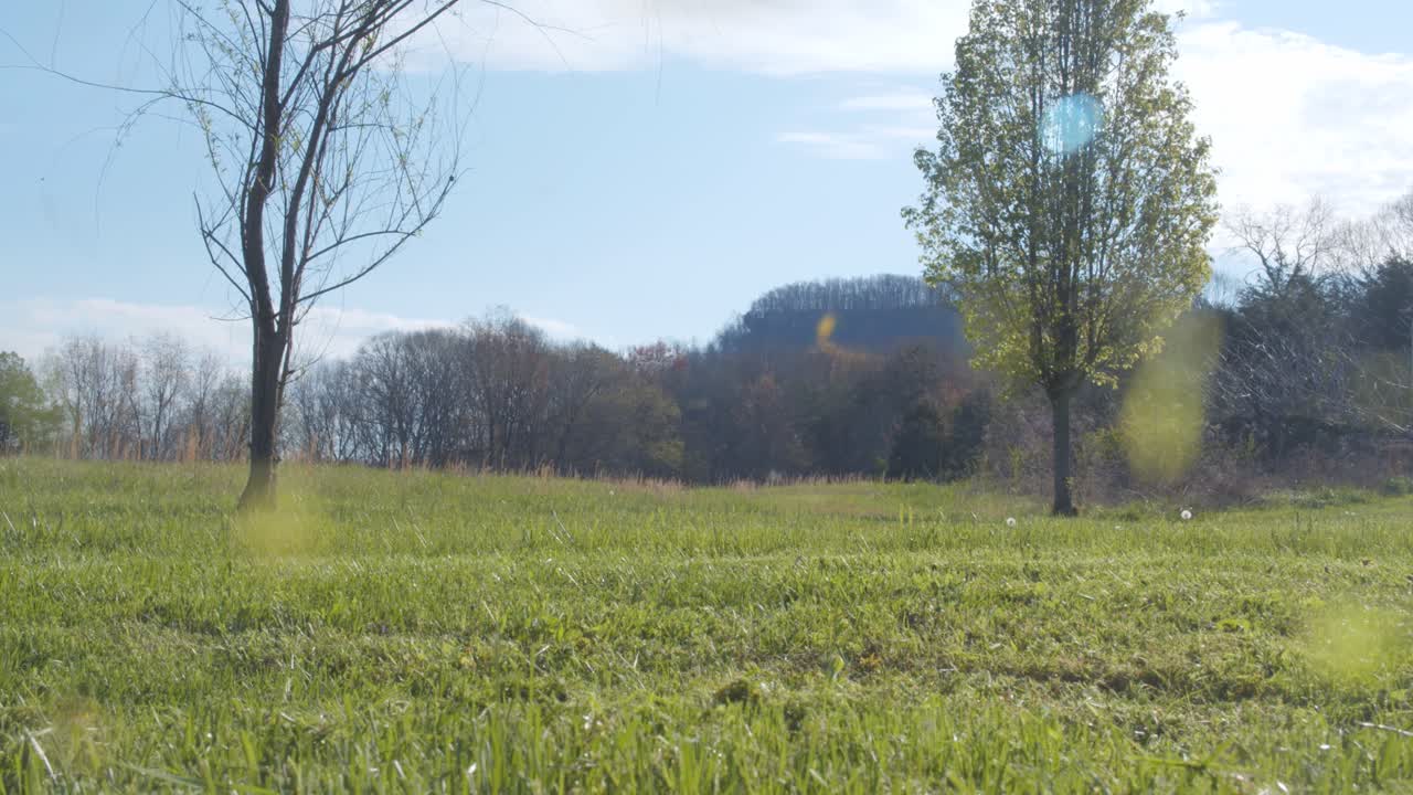 A cinematic low angle slow motion shot of the bluegrass state of Kentucky. The shot depicts a white-Caucasian woman mowing the lawn on the country side with particles shooting through the lens.