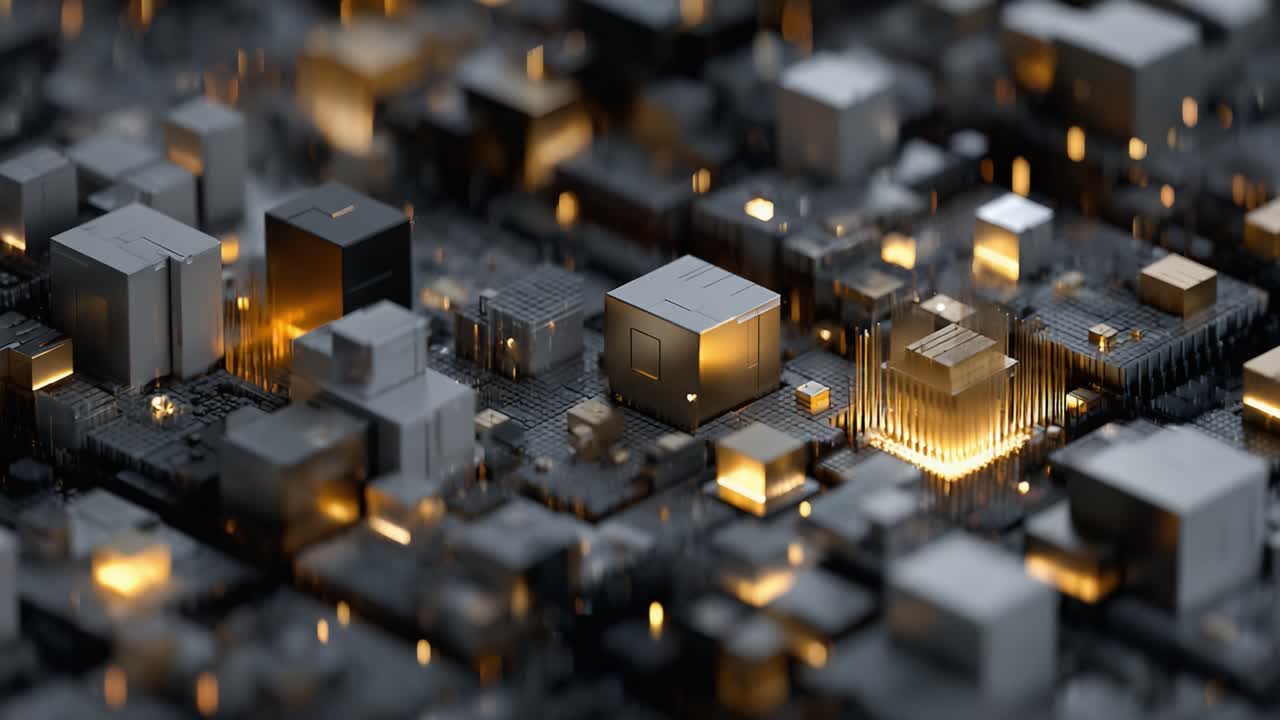 A Stunning Abstract Representation of a Futuristic Microchip Landscape, Showcasing Complex Geometries and Dynamic Illumination for a High-Tech Vibe