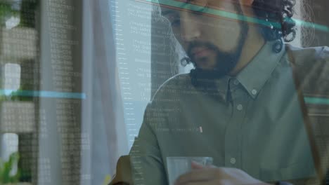 animación de líneas y procesamiento de datos sobre hombre biracial usando portátil