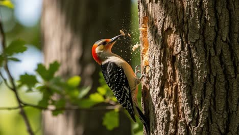 a vibrant woodpecker skillfully excavates tree bark, capturing nature's intricacy and the craftsmanship of avian behavior in its natural habitat