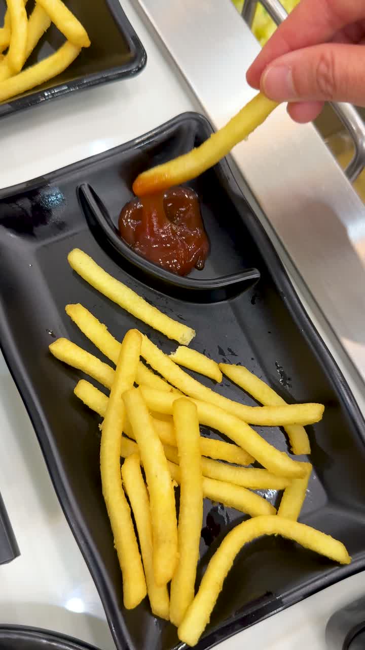Una persona intinge una patatina fritta dorata nella salsa di pomodoro rossa su un piatto nero