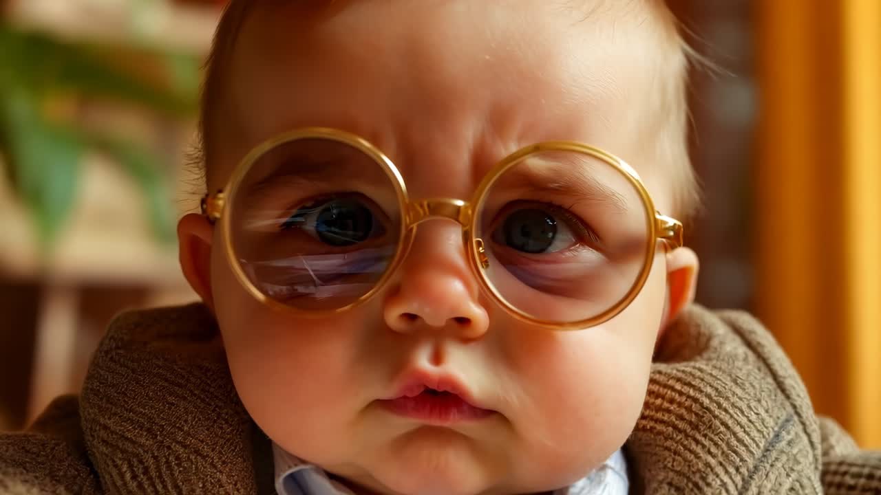 un bebé con un traje y gafas mirando a la cámara