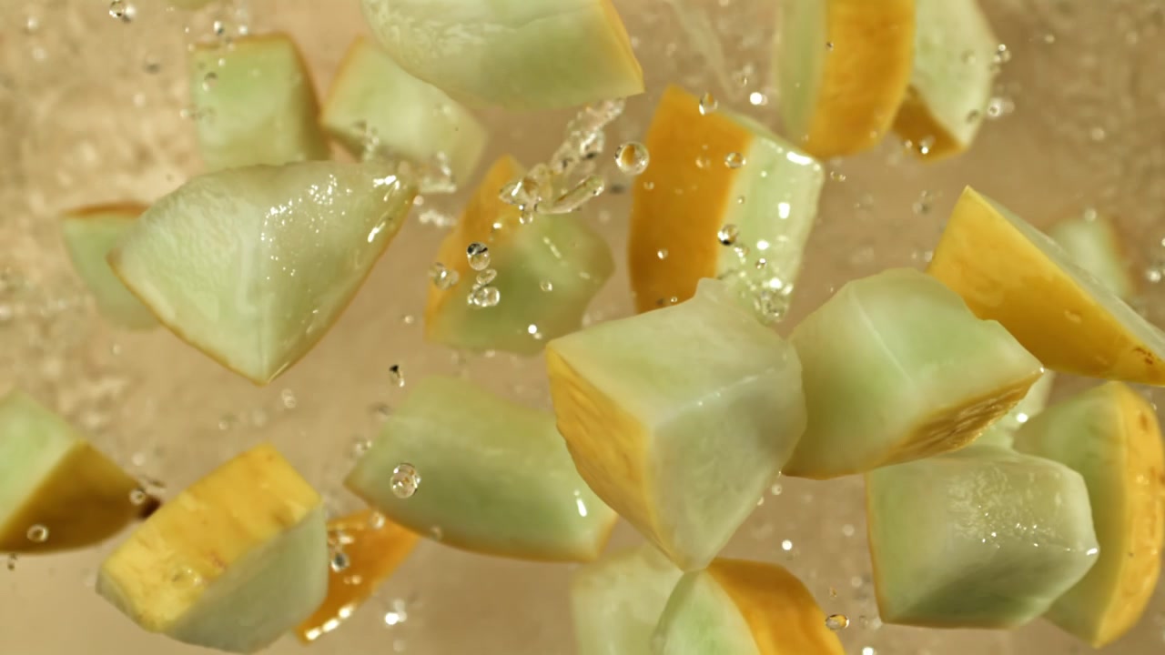 Fresh Melon Chunks Splashing in Water in Slow Motion