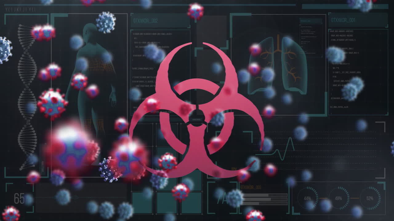 빨간색 바이러스 기호와 함께 검은색 배경에 떠다니는 거대한 코로나19 세포의 애니메이션