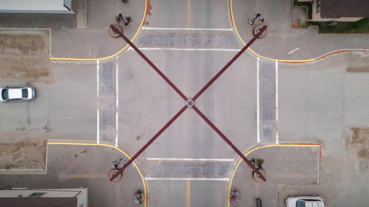 A Top Down Architecture Drone Shot of the Northern Canadian Landscape a Small Rural Town Skiing Fishing Village Main Street Arches in Asessippi Community in Binscarth Russell Manitoba Canada