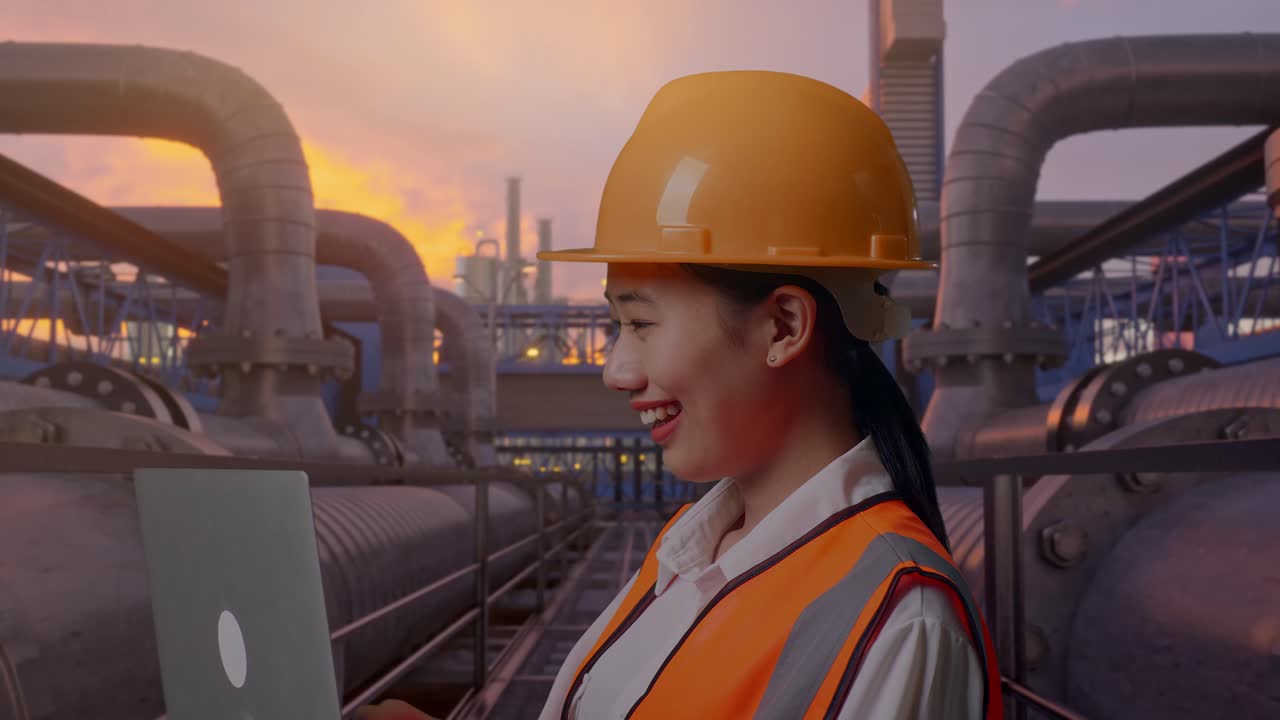 Close-up Tampak Samping Insinyur Wanita Asia Dengan Helm Keselamatan Bekerja Dengan Laptop Sambil Berdiri, Jaringan Pipa Industri Saat Matahari Terbenam