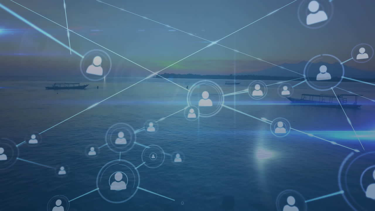 배경에 있는 해양 풍경 위에 있는 사람들과의 연결 네트워크의 애니메이션 아이콘