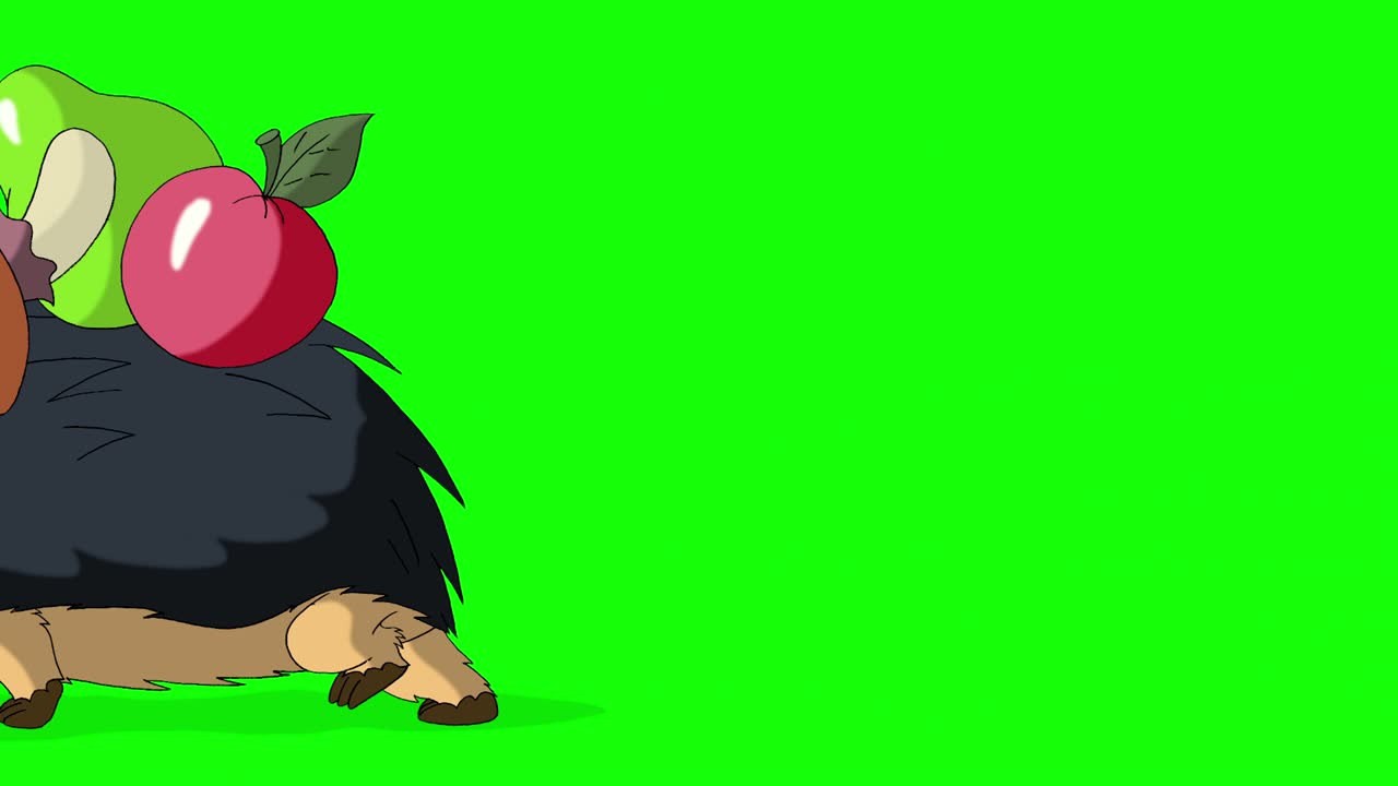 el erizo camina y lleva manzanas y setas clave de croma