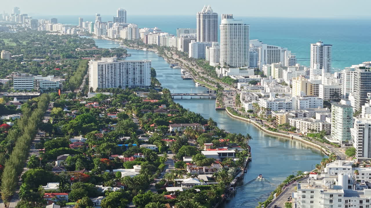 Miami Beach, Florida USA .Aerial View of Indian Creek, Bayshore Neighborhood and Oceanfront Towers