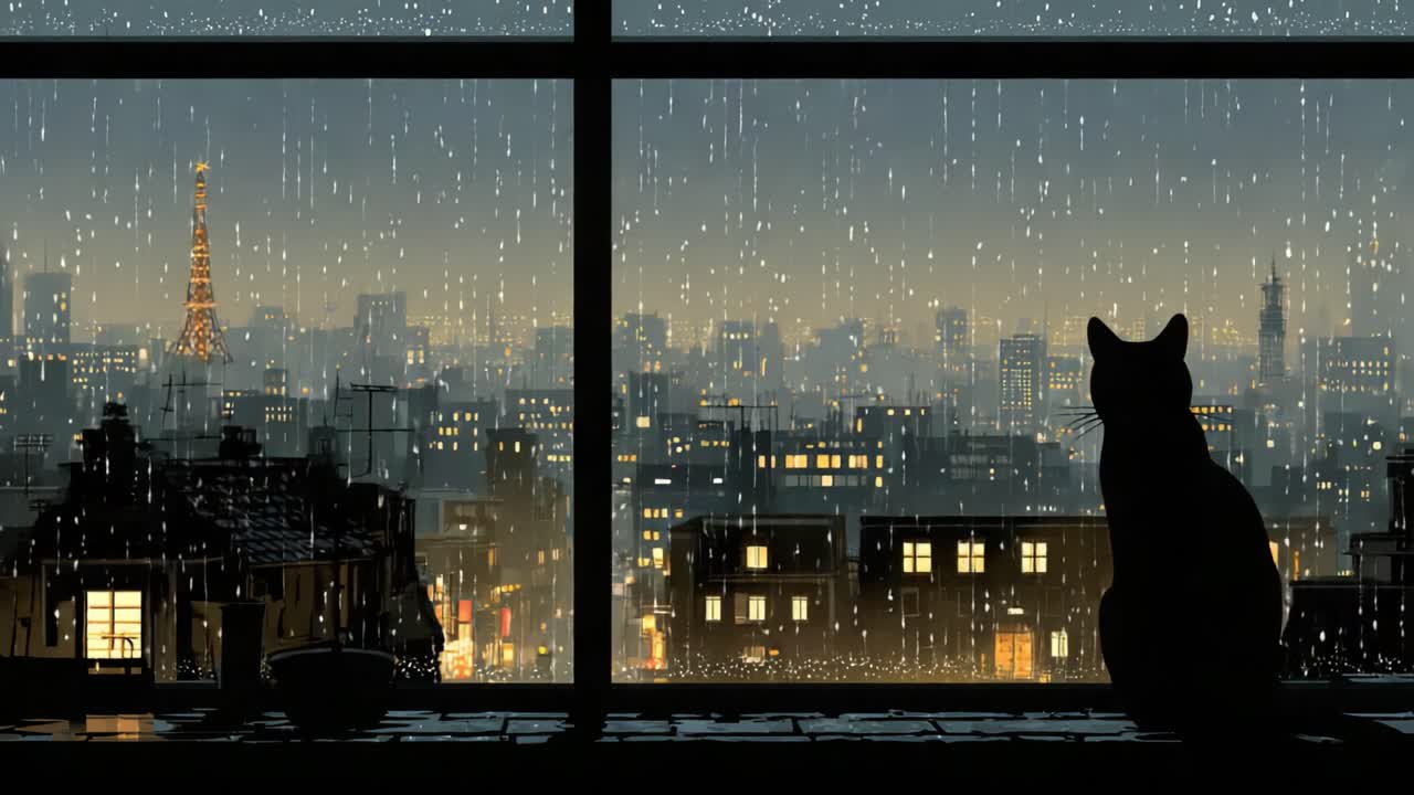 A contemplative cat gazes out at a rainy cityscape, illuminated by the soft glow of city lights, capturing a moment of tranquility and reflection in urban life