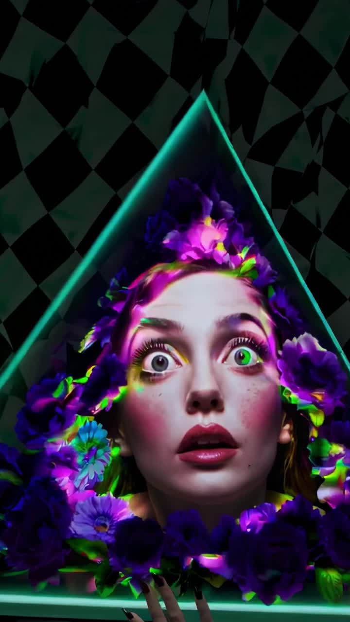 Fantasy portrait of a surprised woman with flowers around her head and a glowing triangle, on a checkered background, creating a surreal and dreamy atmosphere