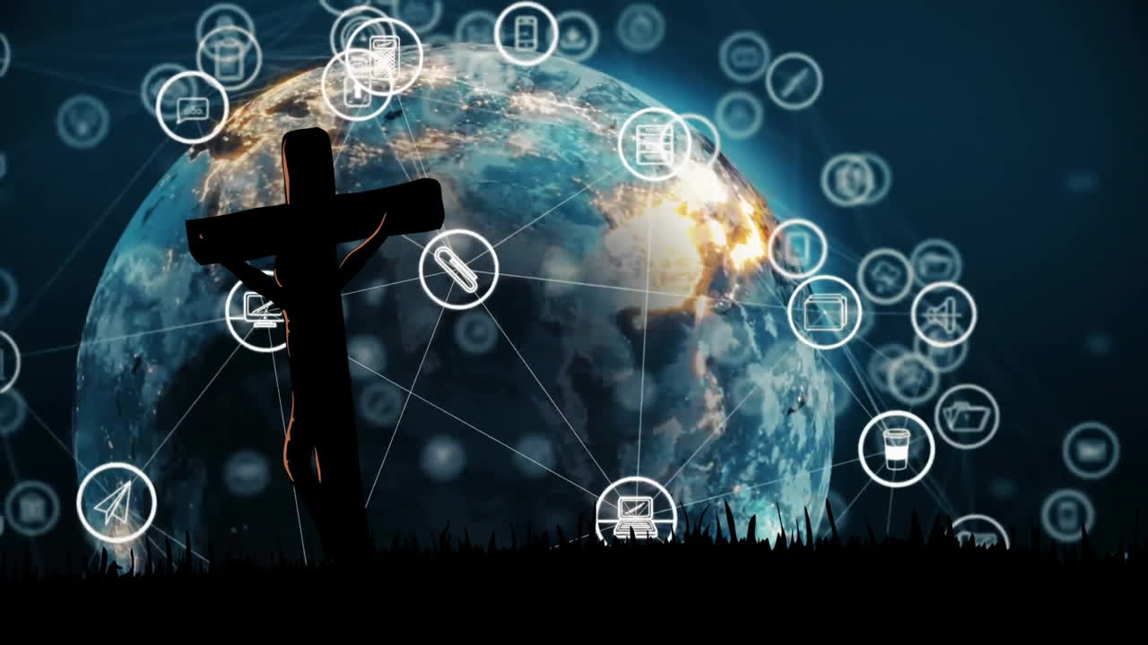 Digital network icons and connections forming animation around cross over Earth