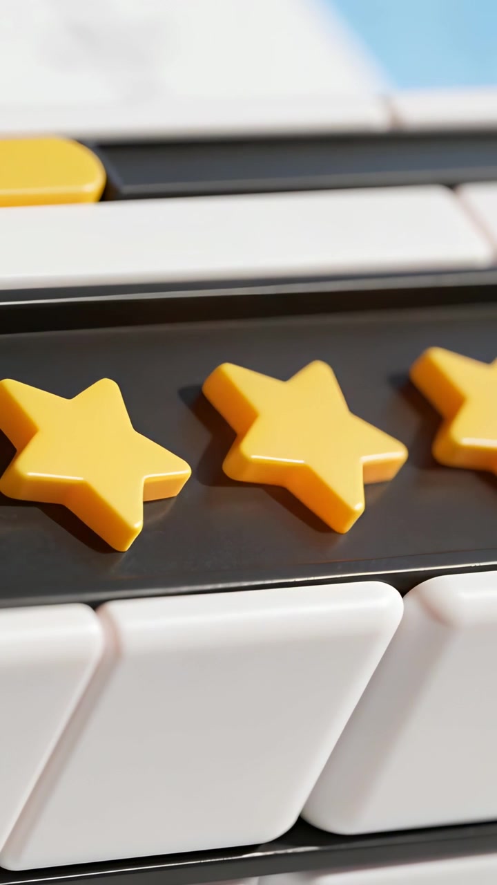 Vertical video: Panning camera on frame move centering three yellow stars above white keys on table
