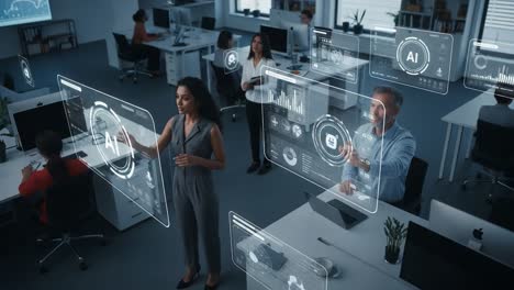 In an Innovative Workspace, Professionals Collaborate on Advanced AI Solutions, Analyzing Data Through Interactive Displays in a Modern Office Environment