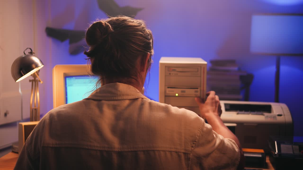 Using CD circle disk for old computer. Dvd player, disc drive. Music recorder, playing retro computer games. . High quality 4k footage