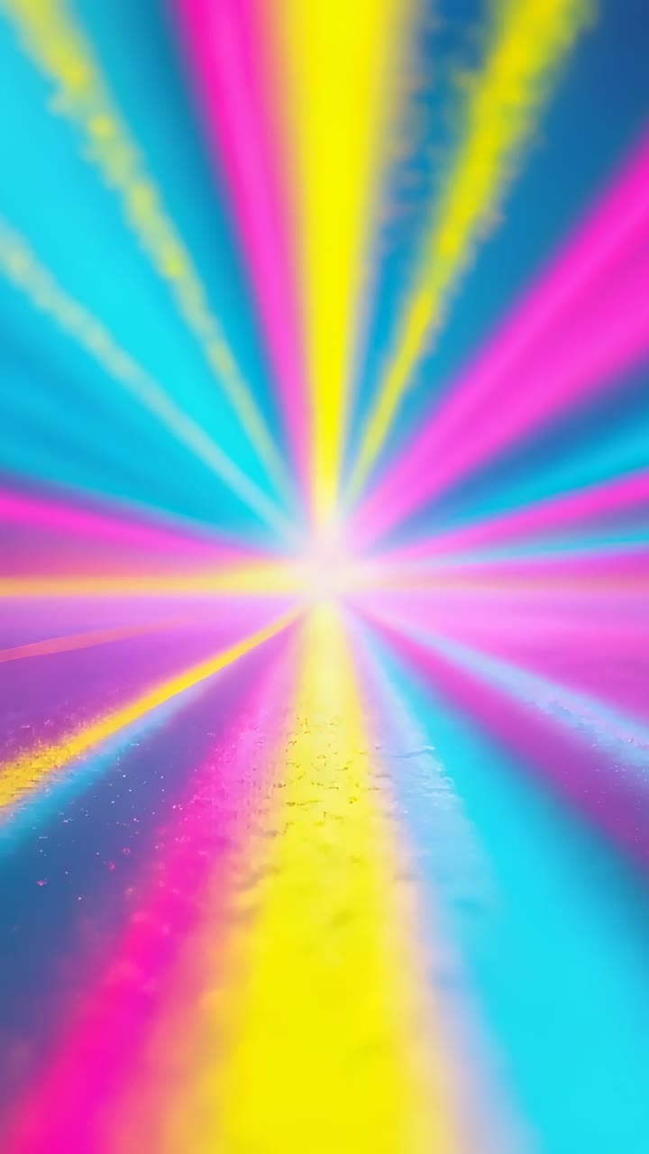 Vertical video: Sparking white point igniting colored beams over mirror floor, particles flickering