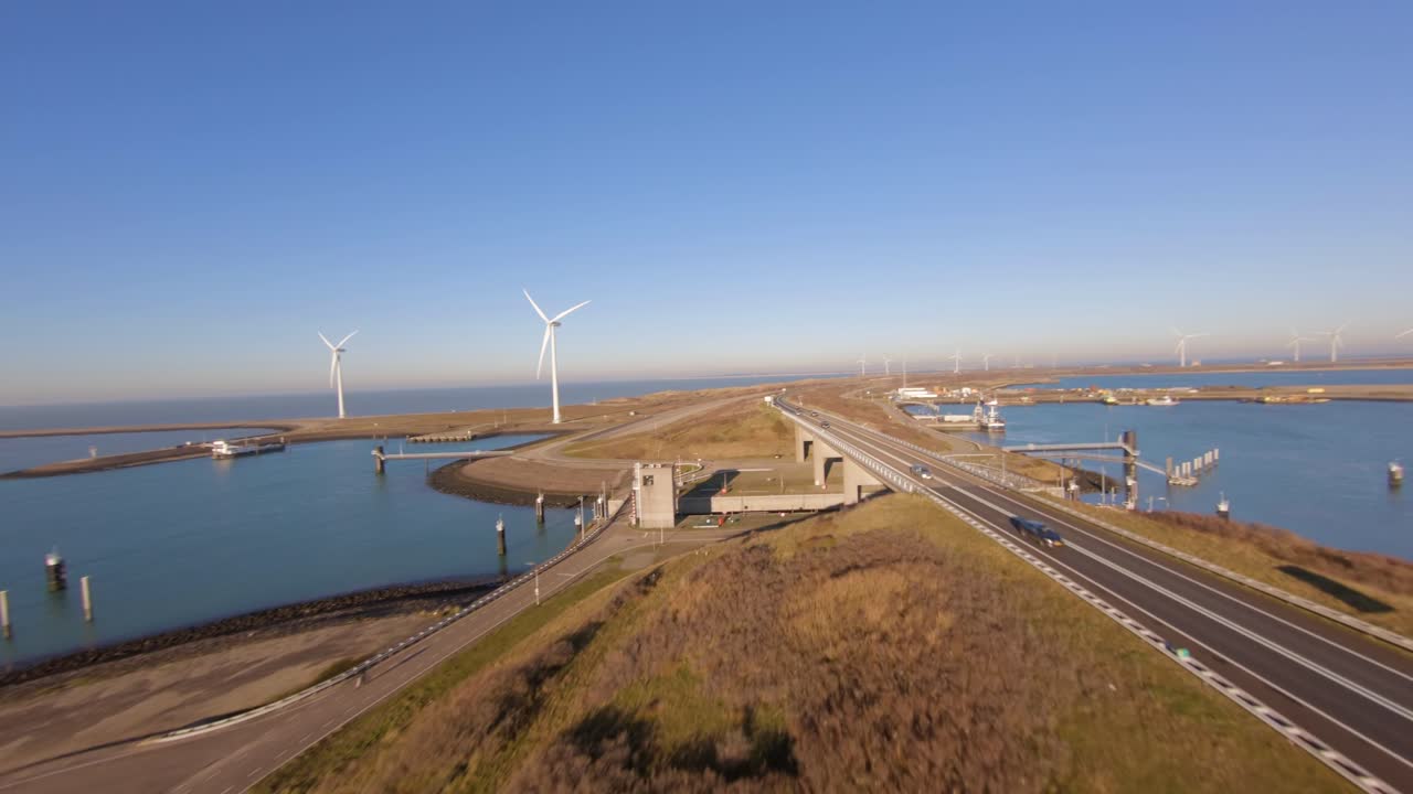 Low to high angle towards the road over the locks from the North Sea to the Oosterschelde