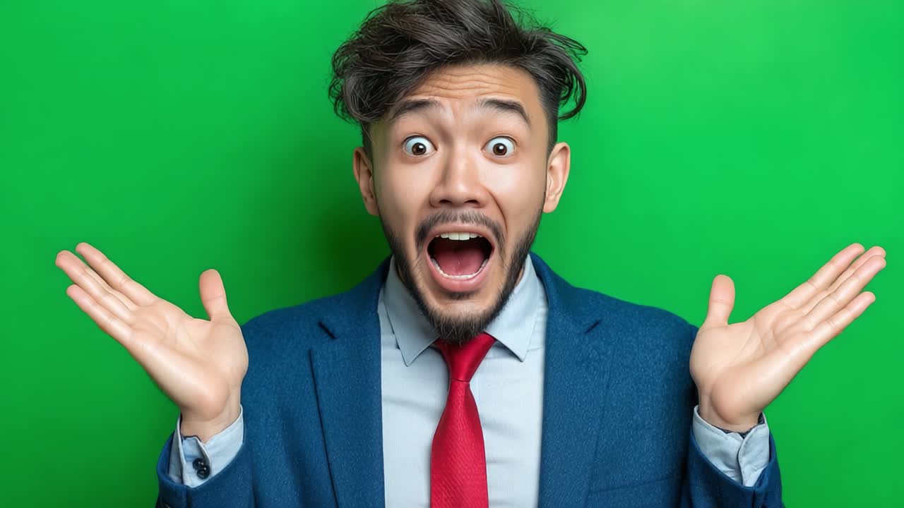 驚いた人物が喜びのジェスチャーで驚きと興奮を表現し、鮮やかな緑の背景を背に様々な感情を示す