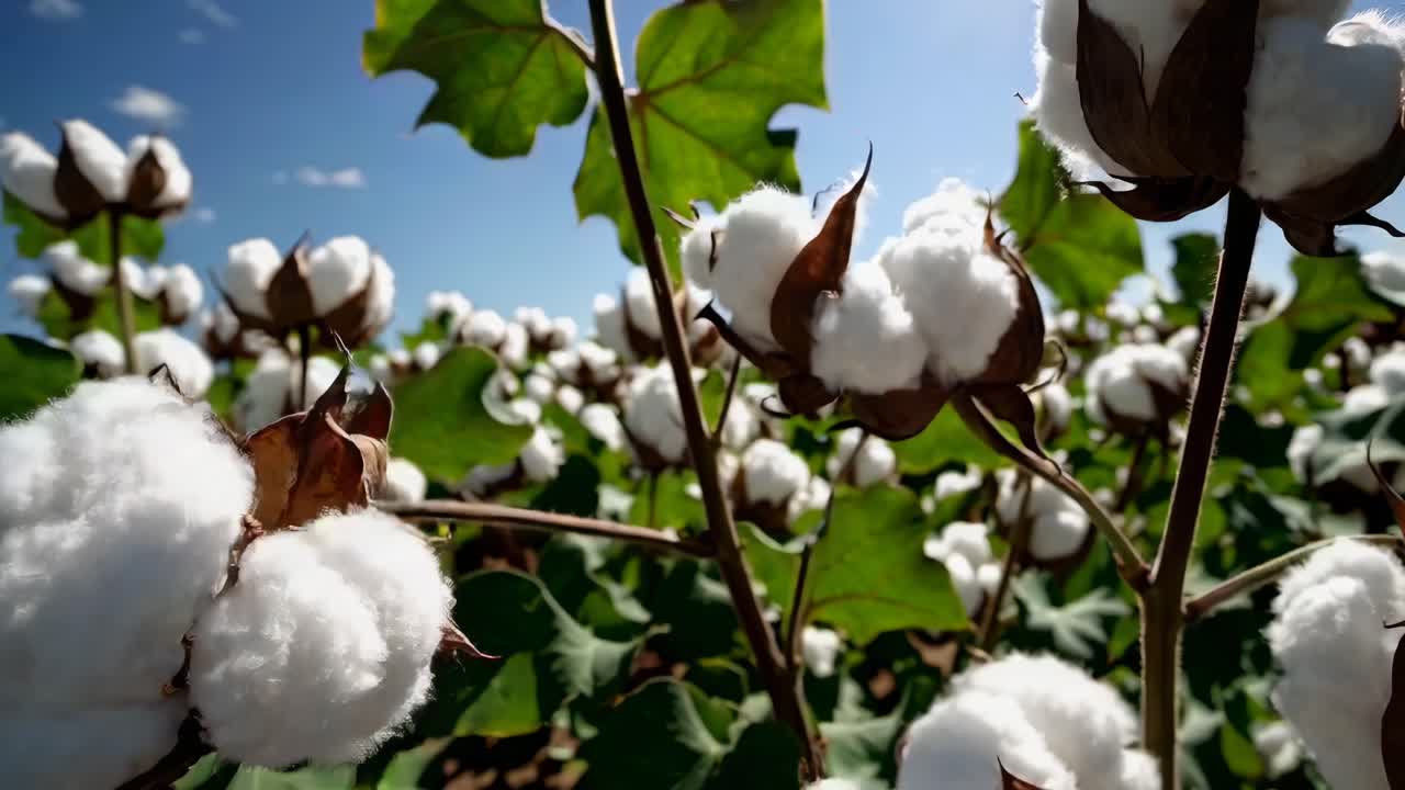 Primo piano di clip video di piante di cotone in un campo sotto un cielo azzurro limpido, che cattura la texture